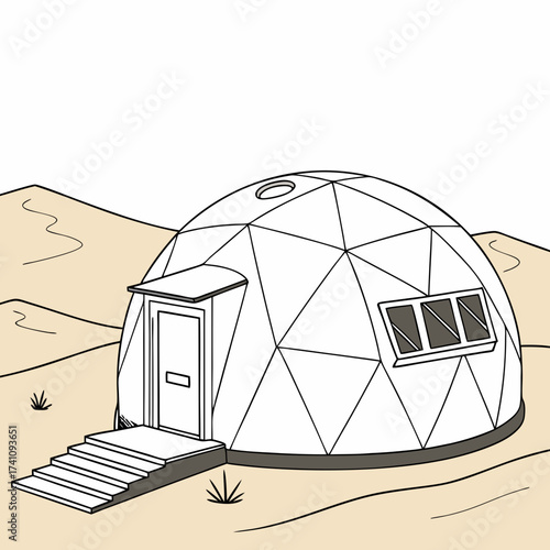 Geodesic dome house in a sandy landscape building structure