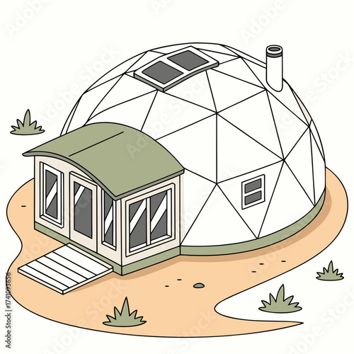 Geodesic dome house with attached sunroom and solar panels
