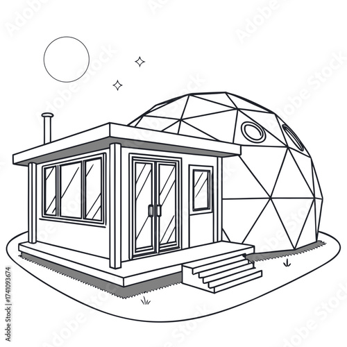 Geodesic dome house with modern extension and moon