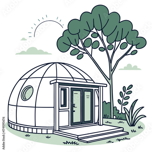 Geodesic dome house with porch and tree home dwelling