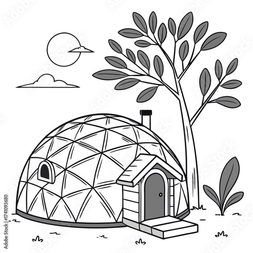 Geodesic dome house with tree and moon eco house igloo house