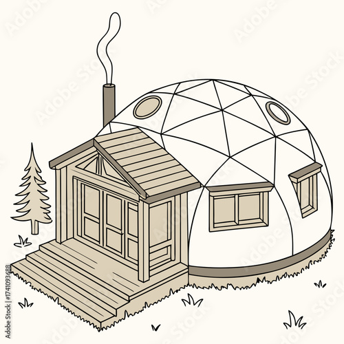 Geodesic dome house with wooden porch and chimney smoke