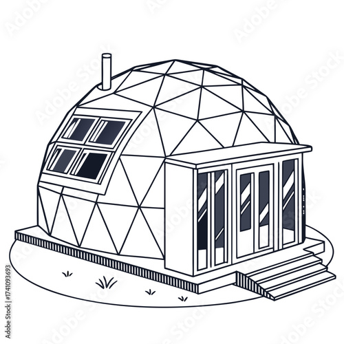 Geometric dome house with entrance and windows geodesic dome