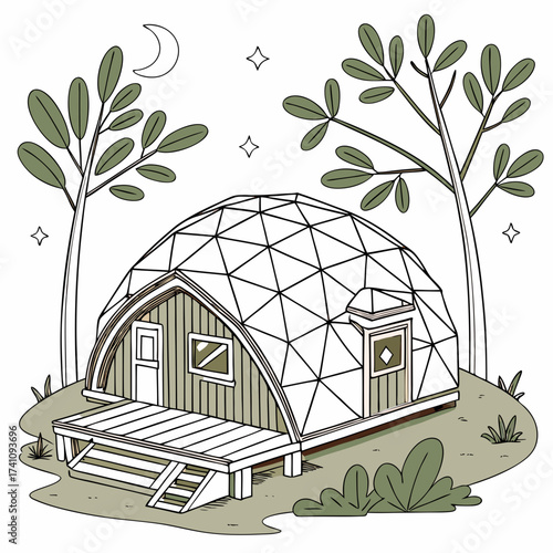 Geodesic dome house with wooden deck at night eco house