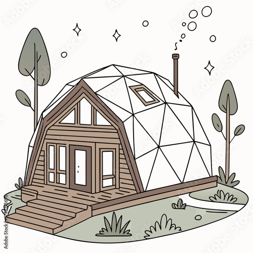 Geodesic dome house with wooden facade and trees eco house