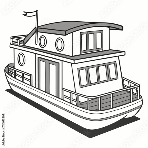 Gray and white houseboat illustration with flag watercraft