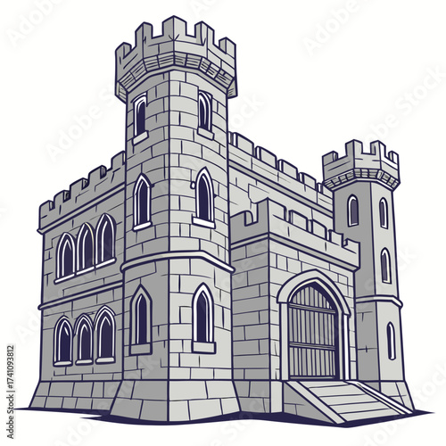 Gray stone castle with towers and arched gate medieval