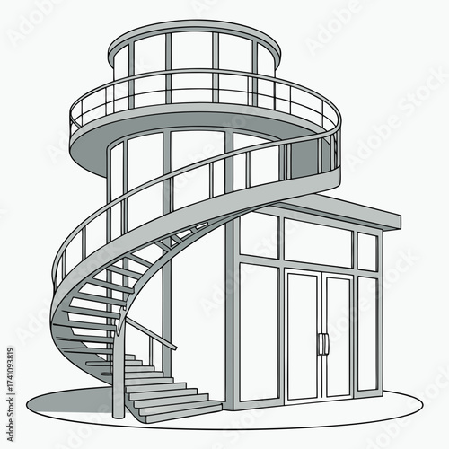 Gray spiral staircase wraps around glass building architecture