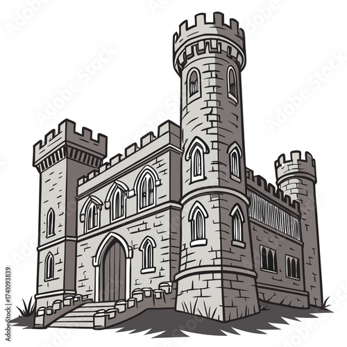 Gray stone medieval castle with towers and arched windows