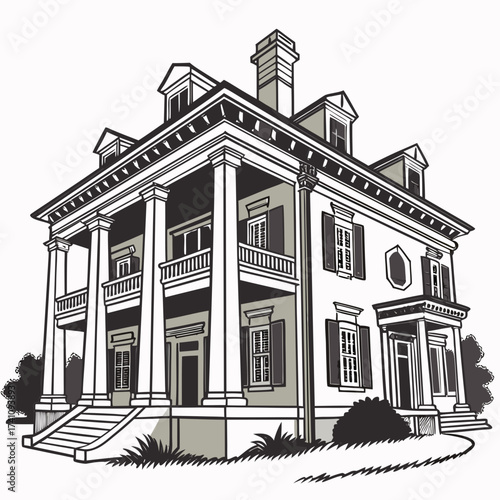 Historic colonial mansion with grand columns and shutters