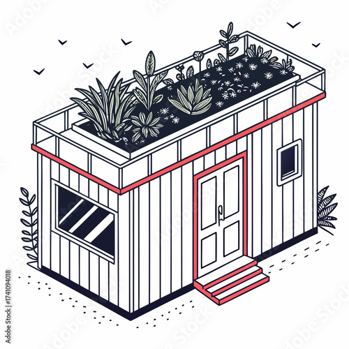 Isometric container home with rooftop garden and plants