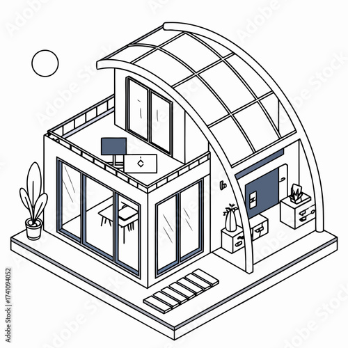 Isometric futuristic glass dome house interior and exterior 1