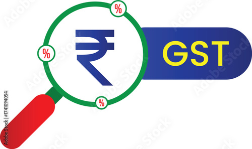 Magnifying glass over indian rupee symbol and gst text