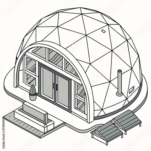 Isometric geodesic dome house with patio and plant