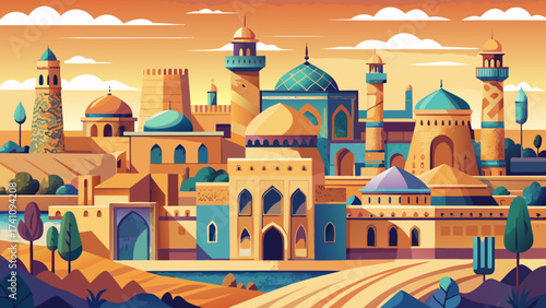 The Historic Centre of Bukhara in Uzbekistan preserves madrassas, mosques, and caravanserais, intricate geometric designs highlighted in warm desert tones, ideal for flat minimal vector art with 