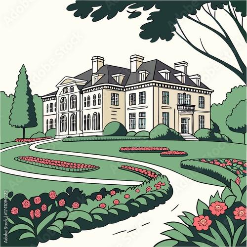 Large cream mansion with manicured garden and pink flowers