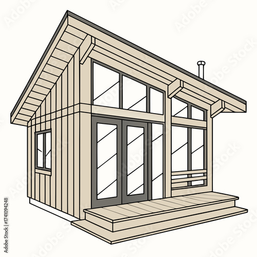 Light wood cabin with large windows and deck house