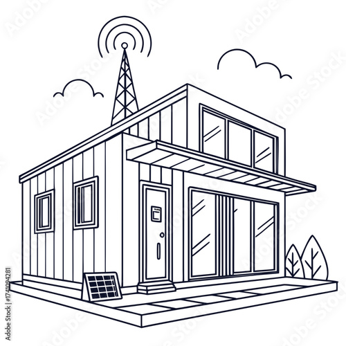 Line art modular home with solar panel and antenna