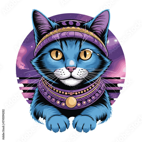 Blue cat wearing ancient Egyptian Pharaoh headdress and ornate necklace, against a cosmic purple sky. A mystical feline T-shirt Design for apparel.