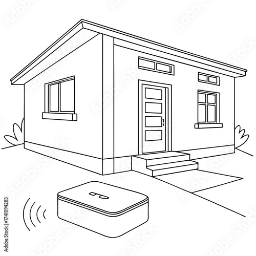 Line art smart home device near house building vector