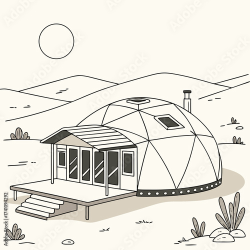 Line art dome house with porch in desert landscape
