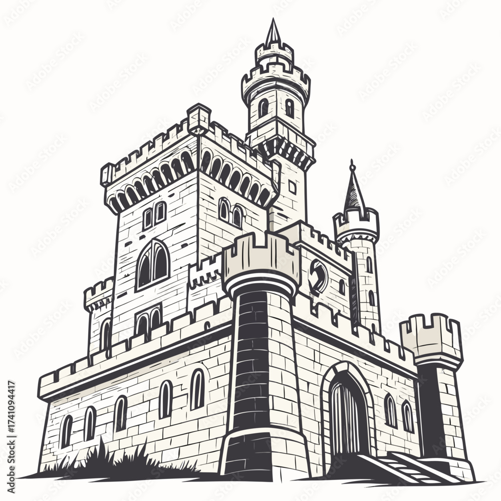 Fototapeta premium Medieval stone castle with towers and arched windows 1