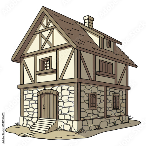 Medieval half timbered stone house vector illustration