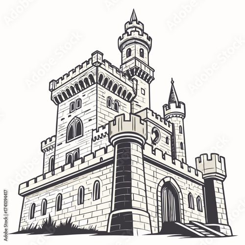 Medieval stone castle with towers and arched windows 1