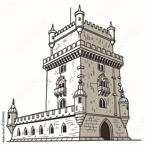 Medieval stone fortress tower with turrets and arched entrance