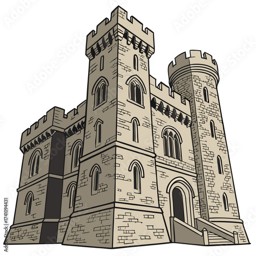 Medieval stone castle with towers and arched windows