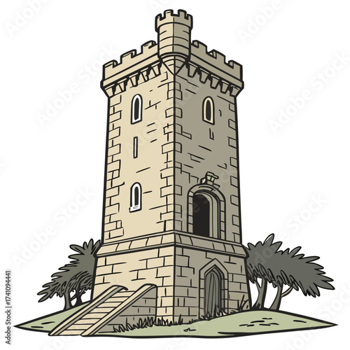 Medieval stone tower house with stairs and trees castle
