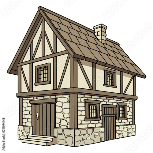Medieval timber framed stone house vector illustration 1