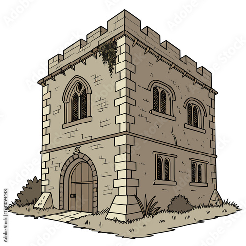 Medieval stone tower building with arched windows and wooden door
