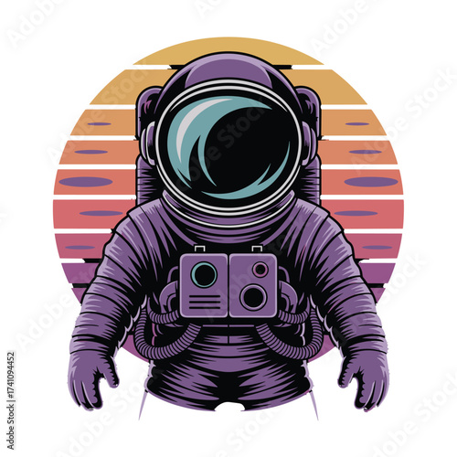 Astronaut space suit illustration, purple and blue tones, outer space voyager stands with sunset stripes, space exploration, cosmic journey, T-shirt Design inspiration.