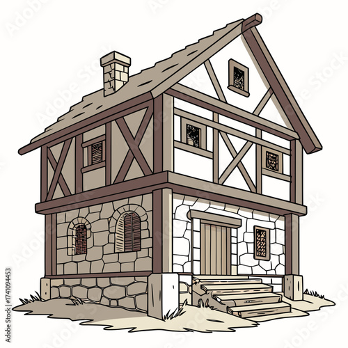 Medieval timber framed stone house vector illustration 2