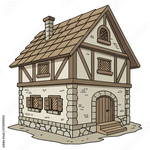 Medieval timber framed stone house vector illustration