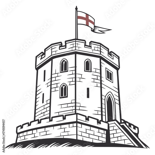 Medieval tower house with English flag vector illustration