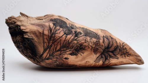 Intricate floral design etched on driftwood