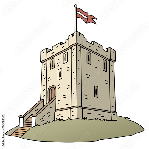 Medieval tower house with flag vector illustration