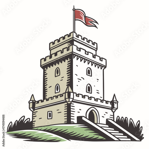 Medieval tower house with red flag vector castle fortress