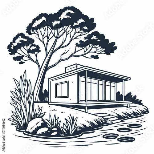 Minimalist house on stilts by water with tree home