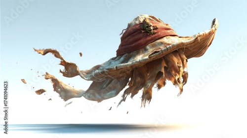 Worn, flowing hat, adrift in air