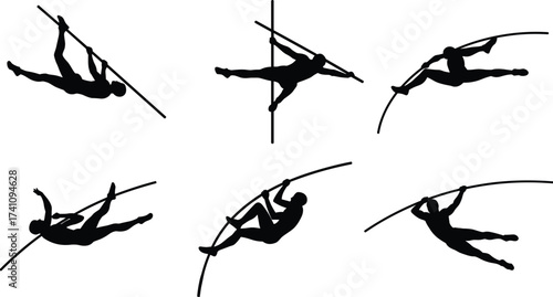 Pole vault silhouette, athlete motion, sports action, dynamic pose, track and field, vaulting technique, fitness training, agility, strength, competition