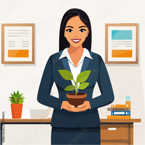 A smiling businesswoman in a blue suit holding a potted plant in an office with framed certificates and office supplies on a desk.
