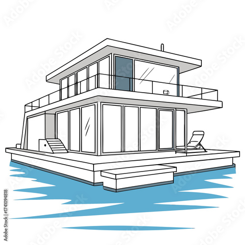 Modern floating villa with blue water and deck chair