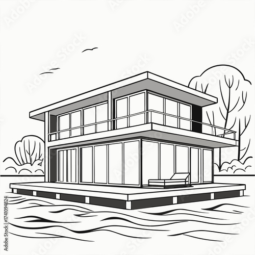 Modern floating villa with large windows on water architecture