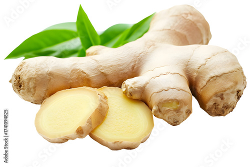 Hyper realistic close up of fresh ginger root with leaves for health and cooking design