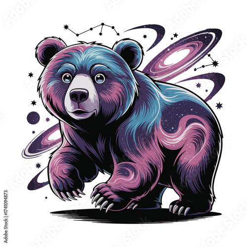 Cosmic bear with galaxy pattern and constellations. Wild animal in space. T-shirt Design for apparel print, wildlife theme, and constellation enthusiasts.