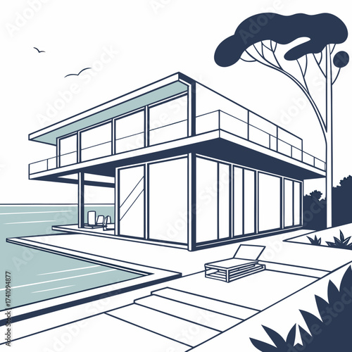 Modern glass villa with infinity pool and chaise lounge