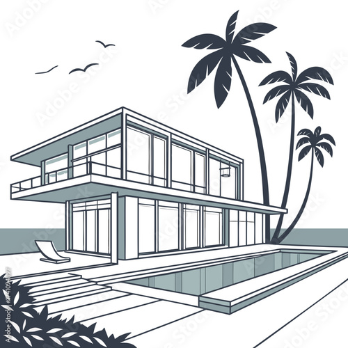 Modern glass villa with infinity pool and palm trees